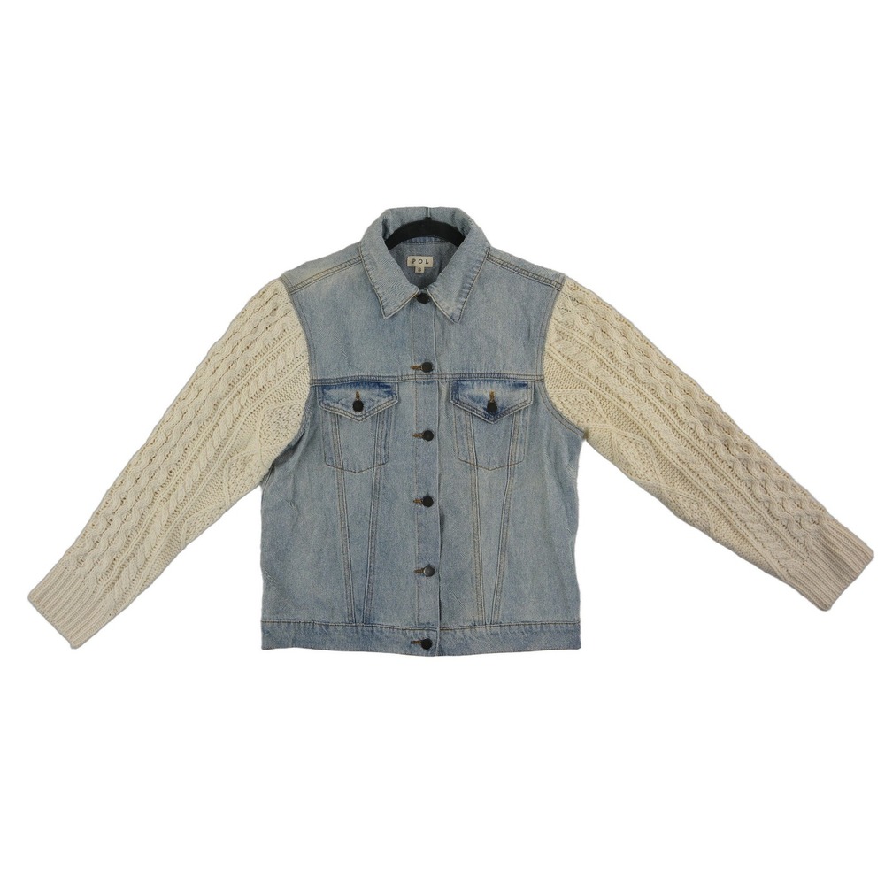 POL Anthropologie Denim Cable Knit Jacket Women's Size Small Blue Cream Cotton